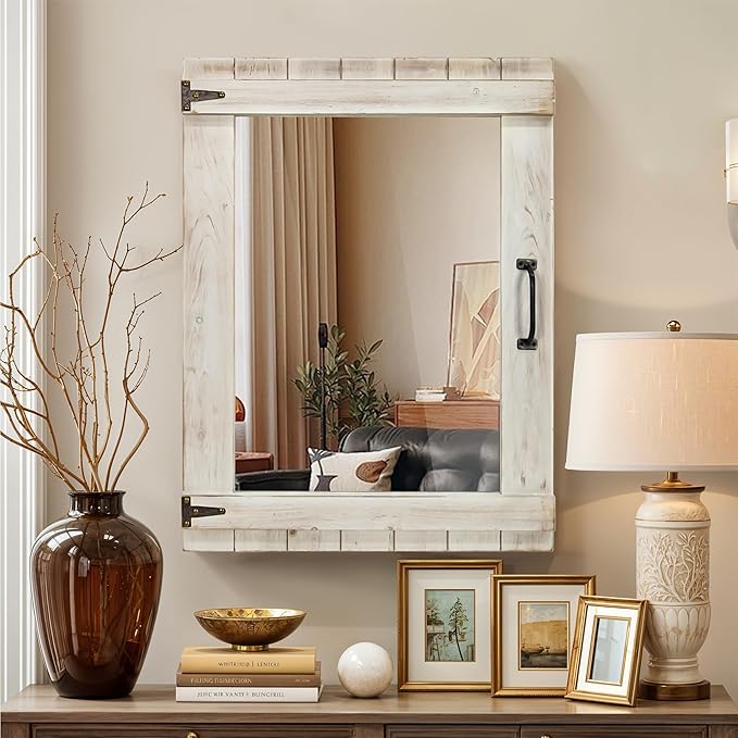 Oakrain Farmhouse Mirror, 24x32 Inch Distressed White Wood Frame with Black Metal Hinges, Rustic Wall Mirror for Bathroom, Living Room, Entryway, Bedroom