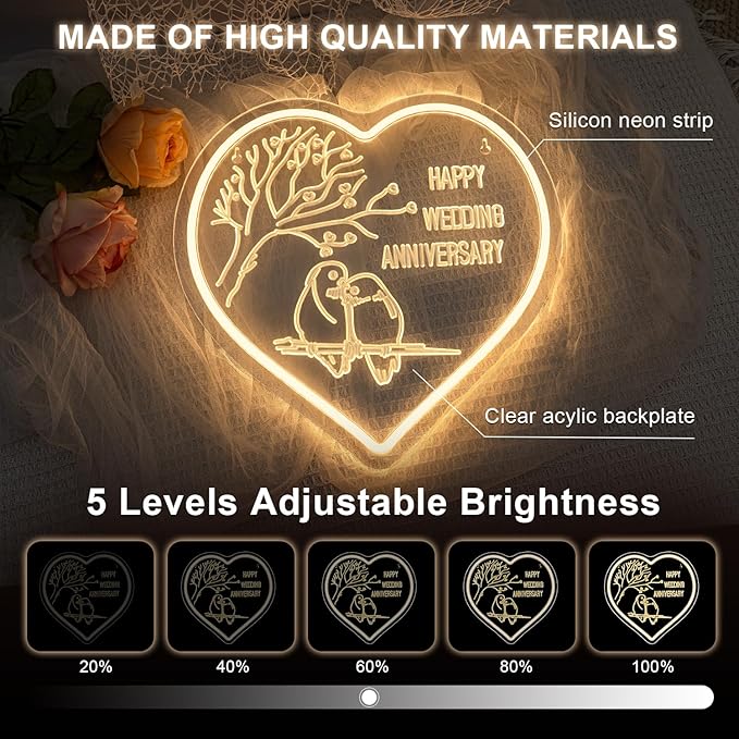Lucunstar Wedding Neon Sign Happy Anniversary LED Sign for Wall Decor Warm White LED Light Love Signs Heart Decor in Wedding Party Bedroom Home Live Room Love Gifts for Couple in Anniversary Party