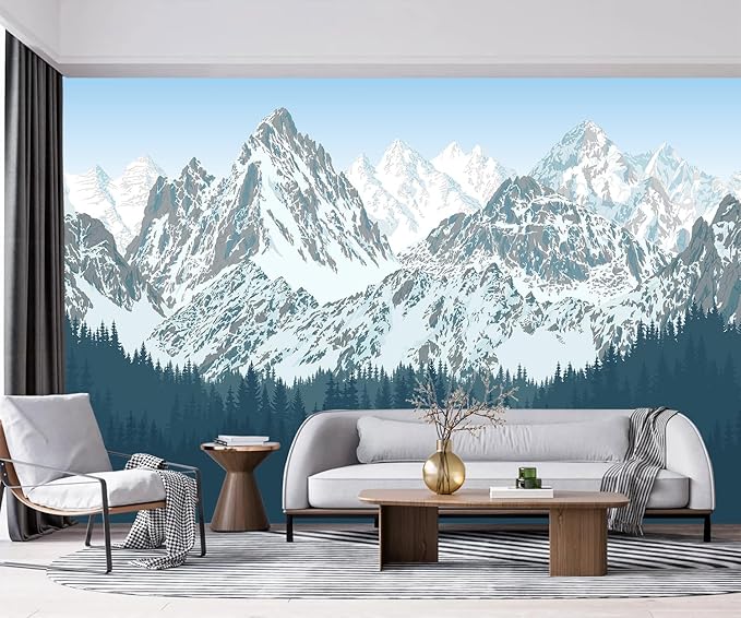 -Forest Snow Mountain Peaks Blue Sky Wallpaper Bedroom Living Room XT09 L 180" x 115"