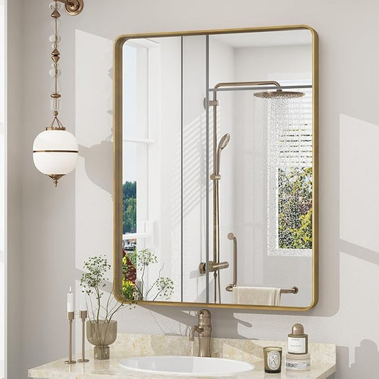 22x30 Brushed Gold Bathroom Mirror, Metal Gold Framed Vanity Mirror, Modern Rectangle Wall Mirror for Entryway, Anti-Rust (Horizontal/Vertical)