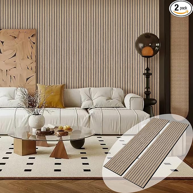 Acoustic Wood Wall Panels, 2 PCS Slat Wall Panels - Walnut Veneer Soundproof Panels for Home & Office, 94.5" Extra-Long Easy Peel & Stick Panels for Walls (11.8"W x 94.5"L)