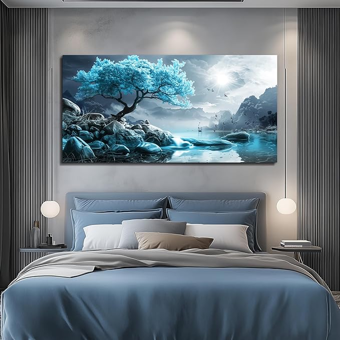KELIYUAN Canvas Wall Art For Living Room Large Wall Decor For Bedroom Blue Tree Landscape Painting Black And White Wall Pictures Artwork Office Works Frame Canvas Art Modern Home Decoration 24x48in