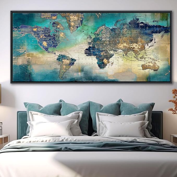 Large World Map Canvas Prints Wall Art for Living Room Office Green World Map Picture Artwork Decor for Home Decoration Black Framed Wall Art