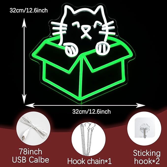 Cat Neon Sign with Usb Power Dimmable Green White Cat Box Led Light Sweet Kitten Led Sign for Bedroom Cafe Pet Shop Nursery Wall Decor(12.6 * 12.6 in)