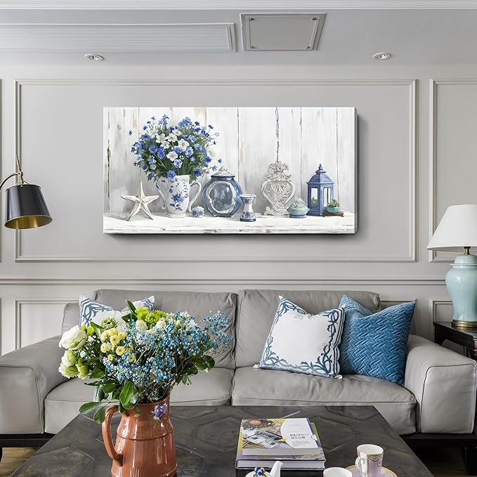 Nicetop Large Coastal Wall Art – Blue and White Floral Artwork, Rustic Farmhouse Canvas Prints with Flowers, Lantern and Ceramics Vintage Country Cottage Picture for Living Room Bedroom Kitchen 48x24 Inch