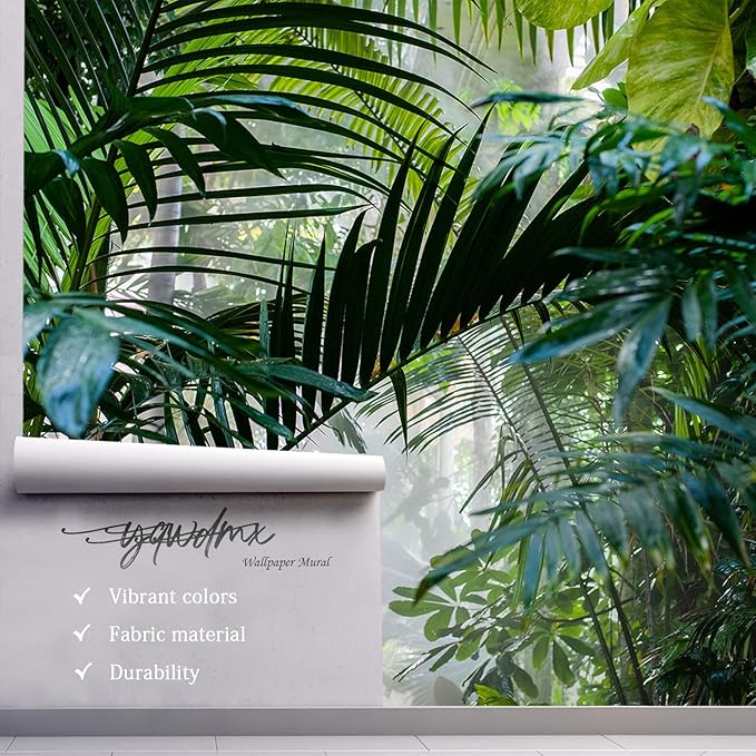 -Rainforest Leaves Fabric Wallpaper Green Trees Mural Bedroom 100" x 65" (Not Peel and Stick)