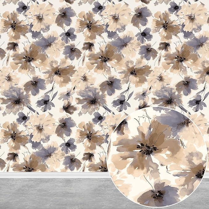 JiffDiff Floral Peel and Stick Wallpaper, Purple Watercolor Flower Contact Paper Peel and Stick for Bedroom Bathroom, Brown Vintage Removable Waterproof Self Adhesive Wall Paper 118"X17.3"(14 sq. ft)