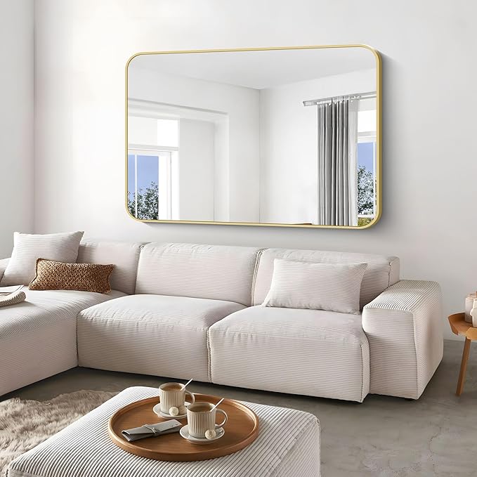 BONEWEI Gold Bathroom Mirror,60x40 inch Wall Mirror for Bathroom Wall Mounted,Round Rectangle Mirror for Bathroom Over Sink,Modern Frame for Home Decor Living Room,Bedroom Entryway,Horizontal/Vertical