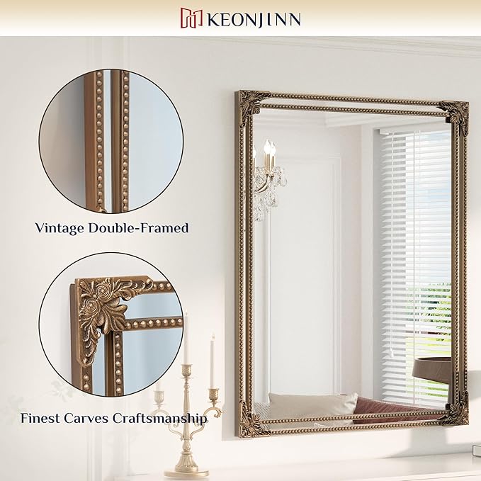 Keonjinn Brass Vintage Mirror for Wall, 40" x 30" Antique Gold Mirrors with Metal Frame, Baroque Style Decoration for Mantle, Bathroom, Living Room, Fireplace, Bedroom, HD Shatterproof Glass
