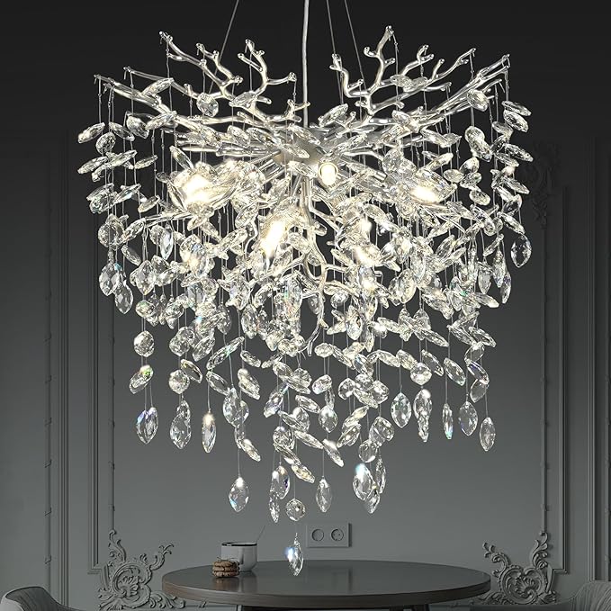 24 in Crystal Chandelier for Dining Room, Round Silver Tree Branches Chandeliers, Top K9 Crystal Chandelier, Modern Chandeliers for Kitchen,Foyer Entryway,Luxury Adjustable Hanging Chandeliers