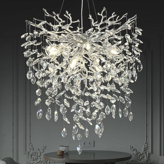 24 in Crystal Chandelier for Dining Room, Round Silver Tree Branches Chandeliers, Top K9 Crystal Chandelier, Modern Chandeliers for Kitchen,Foyer Entryway,Luxury Adjustable Hanging Chandeliers