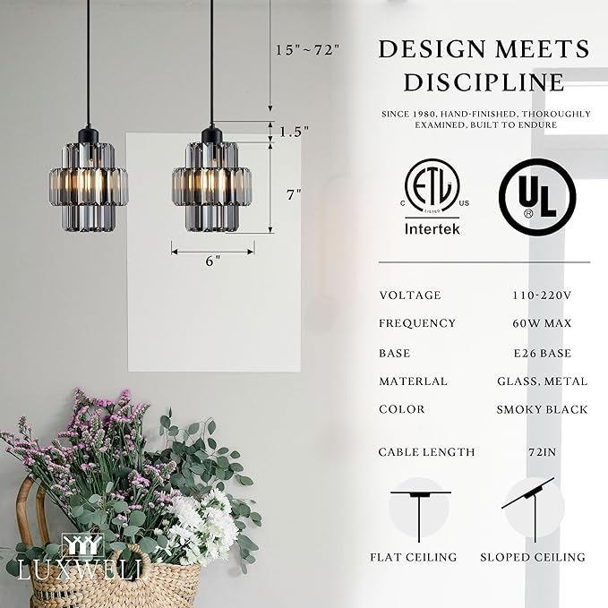 Modern Crystal Chandelier, 6"x7" Classic Crafted Pendant Light, Glass & Metal Hanging Light Innovative Small Space Use in Dining Room, Kitchen Island, Bedroom, Living Room - Midnight Fog