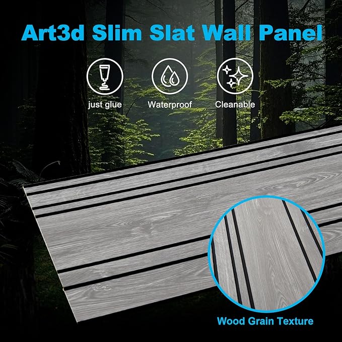 Art3d 4-Pack Glue-On Wall Panels, Wood Grain Texture Interior Wall Decor, 104"x12" Recycled Polystyrene Wainscoting Panels, Low Emission for Living Room Bedroom, Earth Grey Oak