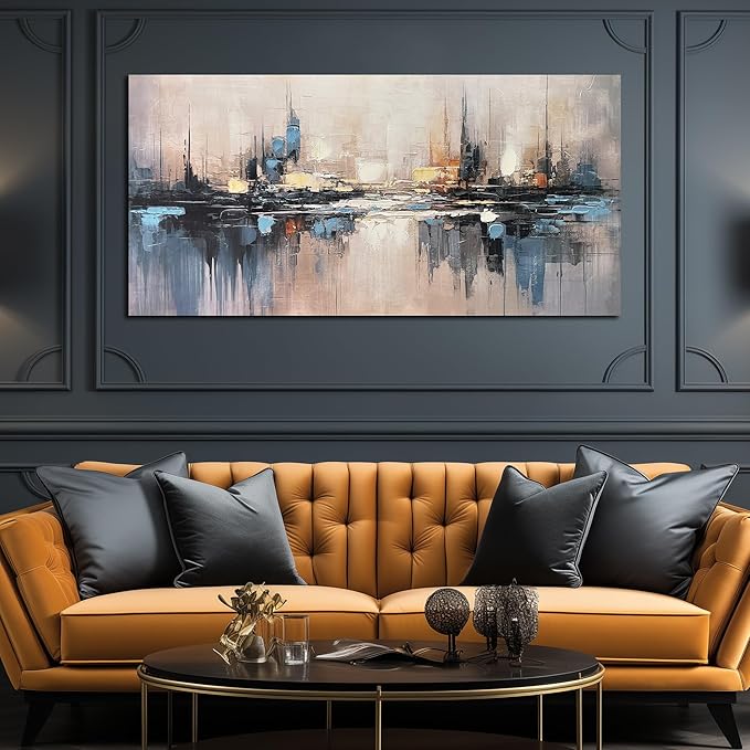Large Abstract Canvas Wall Art for Living Room Blue Pictures Wall Decor for Bedroom Vintage City Home Office Decor 29 x 58 inches