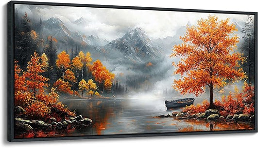 JEAWA Framed Canvas Wall Art - 20x40 IN Landscape Painting Decor Ready to Hang, Majestic Mountain Picture, Orange Trees by the Lake Art Prints for Bedroom Bathroom Home Decoration