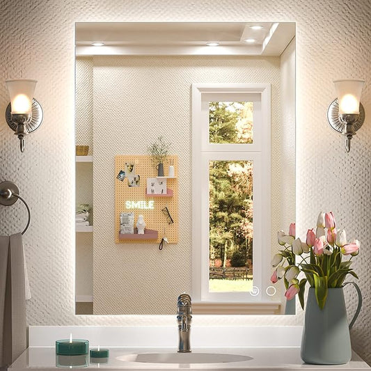 Keonjinn 24 x 32 Inch LED Backlit Mirror, Lighted Bathroom Vanity Mirror 3 Colors Warm/Natural/White, Lights High Lumen, Anti-Fog & Dimmer Wall Mounted LED Makeup Mirror with Lights