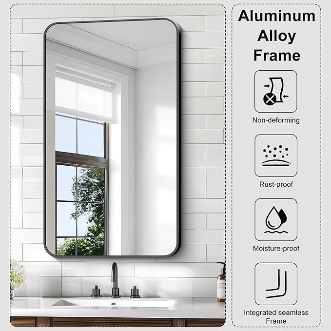 KOCUUY Bathroom Mirror 24" x 40", Black Rectangle Mirror with Metal Frame, Matte Black Vanity Mirror Rounded Corner Decorative for Bedroom, Living Room, Entryway (Horizontal/Vertical)