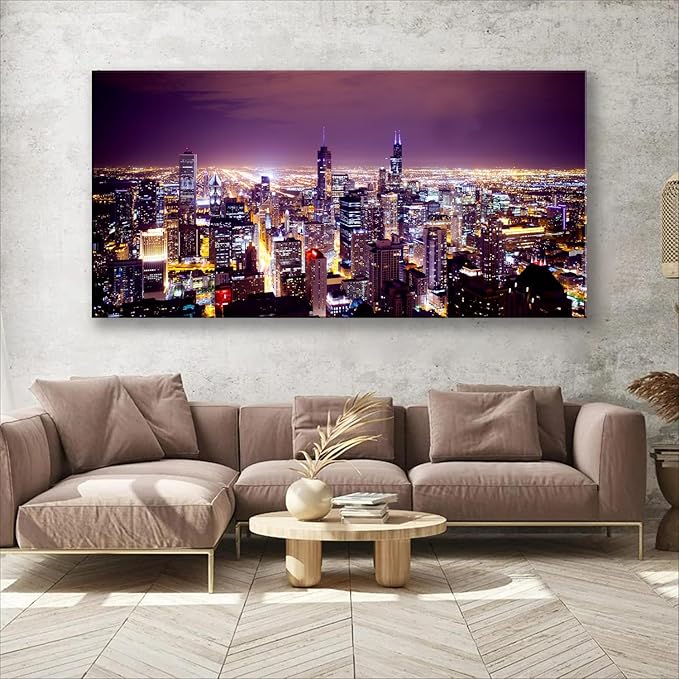 NAN Wind Large Modern City Chicago Skyline Pictures Cityscape Canvas Wall Art for Bedroom Downtown Poster Office Dining Room Wall Decor Wood Framed Night Scene Prints Paintings for Home Decorations