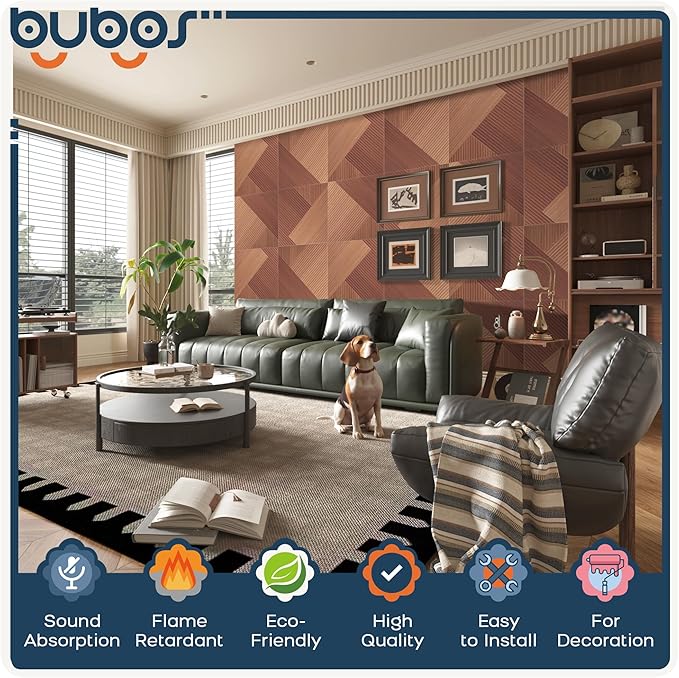BUBOS Large Acoustic Panels,6 Pack Wood-Pattern Printing Soundproof Wall Panels, Total Size 70.8 x 47.2 Inches Self-Adhesive Decorative Sound Absorbing Panels for Studio, Home,Deep Diamond Weave
