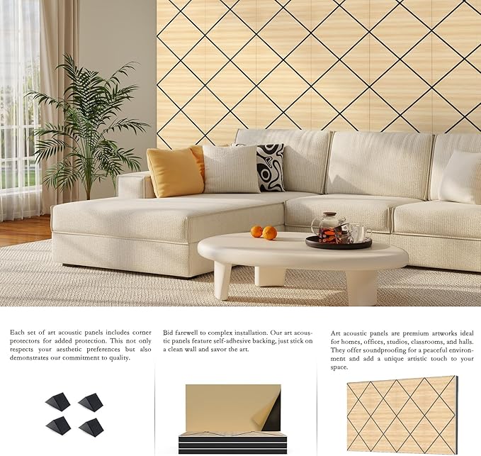 4Pack Acoustic Wall Panel, Self-Adhesive Soundproof Foam Panels for Wall, 3D Perforated Tri-Layer Polyester Fiber Decorative Acoustic Insulation for Recording Studio, Office, Home, 24×12×1.78" Rhombus