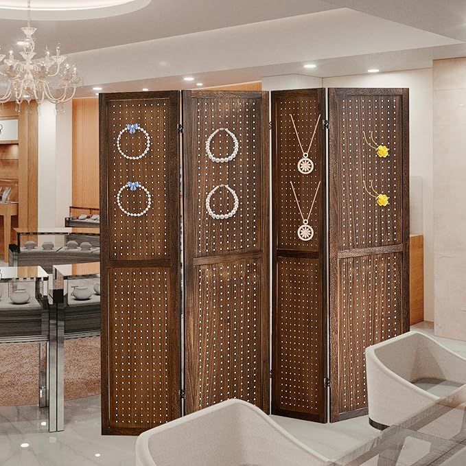 4 Panel Pegboard Display with 16 Hooks, Wooden Room Divider Wall and Folding Privacy Screens, Partition Room dividers, Pegboard Room Divider, Jewelry Store, Bedroom, Balcony, Dark Brown