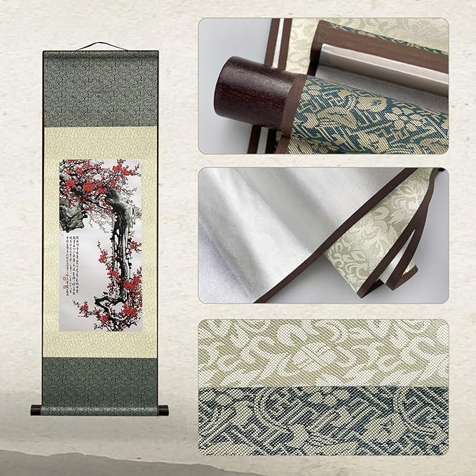 AtfArt Asian Wall Decor Beautiful Silk Scroll Painting Flowers - Proud Plum - Iron Heart Oriental Decor Chinese Art Wall Scroll Wall Hanging Painting Scroll (36.2 x 12 in)