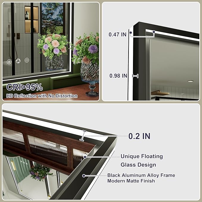 28x36 Inch Black LED Bathroom Mirror with Front & Back Ligths, Adjustable 3000K/4500K/6000K, Lighted Bathroom Vanity Mirror, Memory, Dimmable, Anti-Fog, Wall Mounted, Horizontal/Vertical