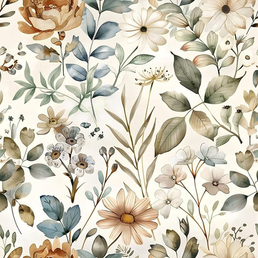 Beige Floral Wallpaper Self Adhesive Peel and Stick Cream Blooming Watercolor Vivid Botanical Leaf Contact Paper Removable Waterproof for Bedroom Renter Friendly 17.71"x236.2"