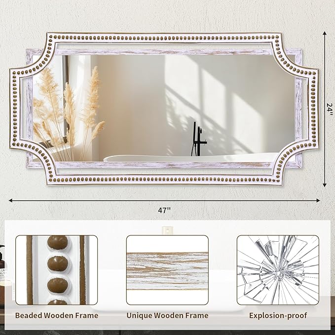 24" X 47" Wooden Farmhouse Large Wall Mirror, Rustic Art Decorative Full Length Mirrors for Living Room, Bedroom, Bathroom, Entryway - Hang Horizontally or Vertically