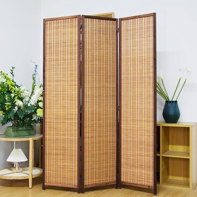 3 Panel Room Divider Screen,5.6 FT Tall Bamboo Panel Divider Folding Privacy Screen,Freestanding Room Divider for Room Seperation,Brown