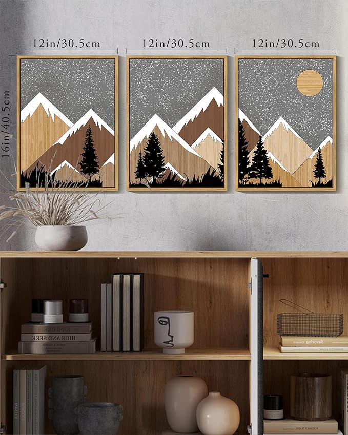 KUVIOKE Morden Mountains Framed Wall Art Boho Pine Tree Forest Nature Landscape Artwork Painting Bohemain Farmhouse Rustic Home Decor 12x16in (Natural Framed)