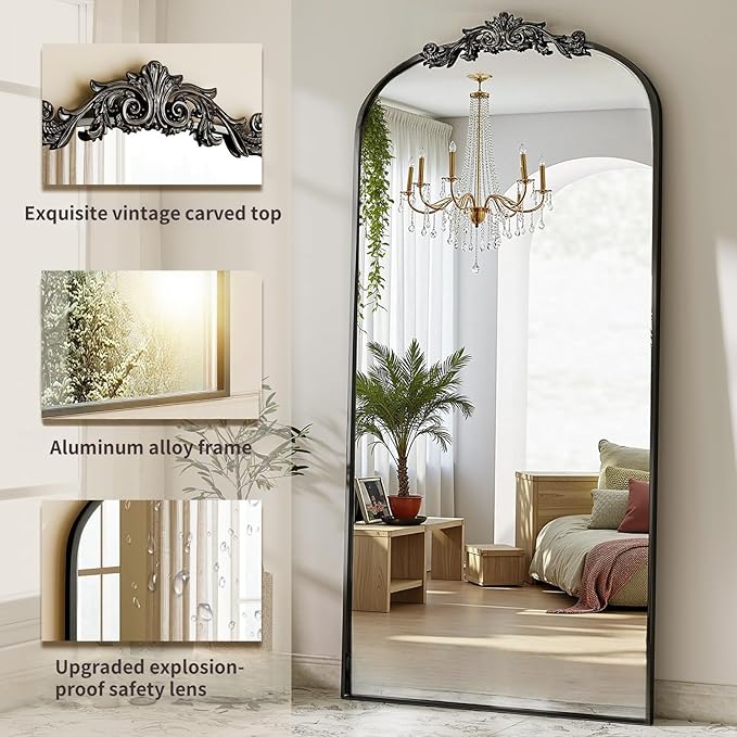 Arched Full Length Mirror, 71"x32" Full Body Mirrors with Carved, Floor Mirror for HomeDecor, Standing/Halling Large Wall Mirror for Bedroom, Living Room, Cloakroom, Black, Retro Style