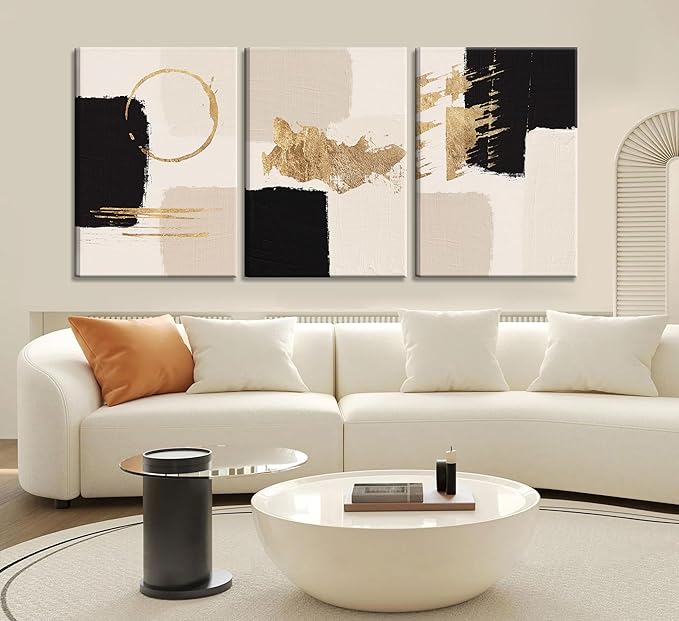 3pcs Framed Black Gold Abstract Wall Art Bohemian Simple Geometric Canvas Poster Print Modern Beige Picture Painting Wall Decor for Living Room Bedroom Office Decoration