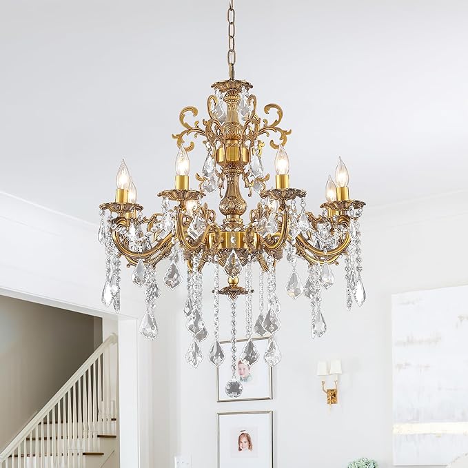 Antique Bronze Crystal Chandeliers, Candle Pendant Ceiling Light Fixture 8-Lights Luxury Gold Crystal Chandelier Adjustable Chain for Dining Living Room Bedroom Hallway 27 Inch