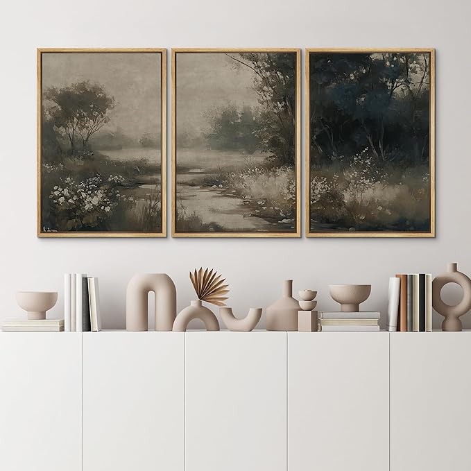 MUDECOR Framed Wall Art Print Set Vintage Landscape Subtle Forest and River in Earthy Tones Illustrations Modern Art Boho Decorative Colorful Chic for Living Room, Bedroom, Office - 24"x36"x3 Natural