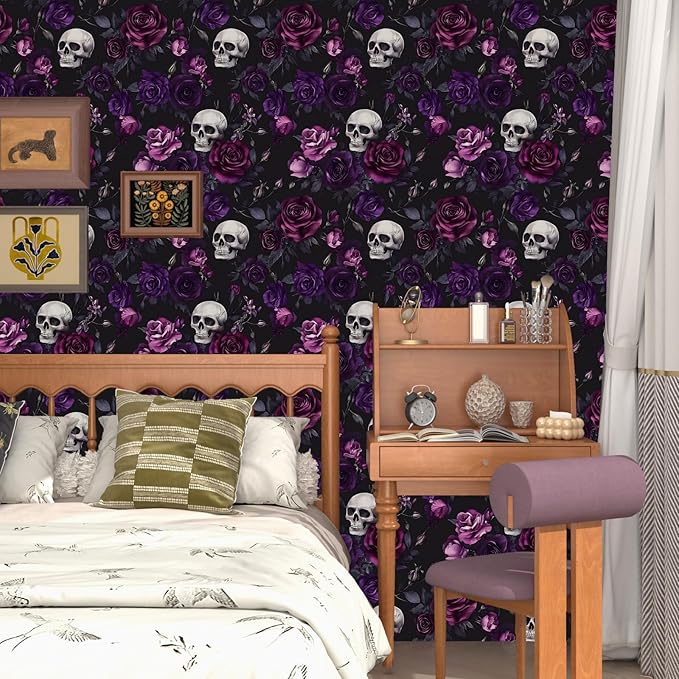 Black Floral Wallpaper Peel and Stick 17.4" x 118" Gothic Floral Vintage Sugar Skull Contact Paper Removable Self Adhesive Waterproof Covering for Cabinet Drawers Home Decor