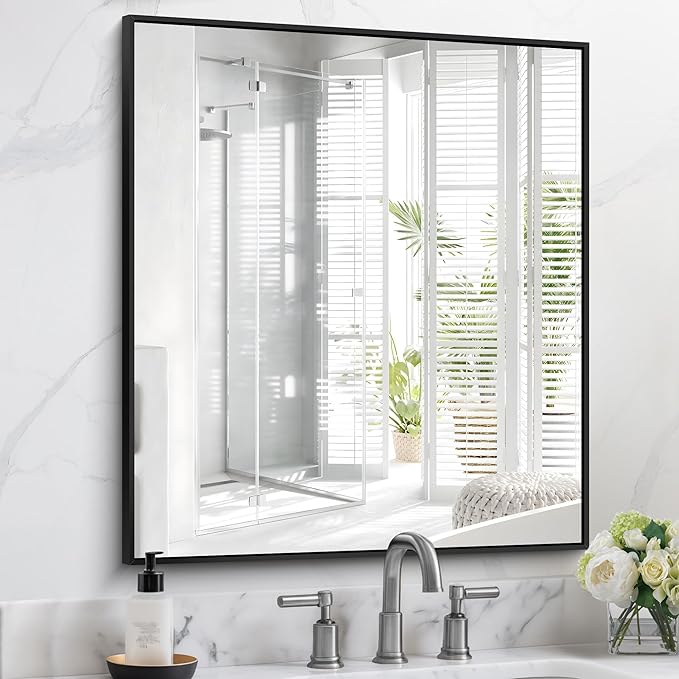 Black Bathroom Mirror for Wall, 30x36 Inch Rectangle With Metal Frame, Modern Vanity for Bathroom Living Room, Entryway Hangs Horizontal or Vertical