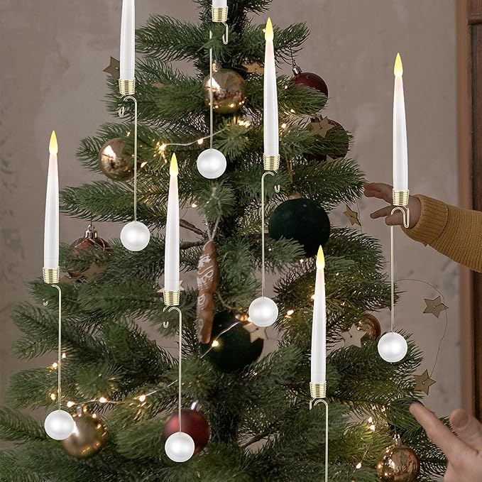 Christmas Tree LED Candles, 10 Pack Battery Operated with Remote, Fake Candles for Xmas Wedding Decor with Pearl Ball Hook