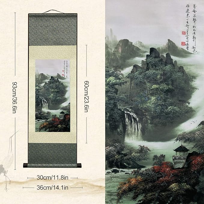 AtfArt 4 Pack Asian Wall Decor Silk Scroll Wall Art - Waterfall River Landscape - Beautiful Oriental Decor - Chinese Art Wall Scroll Hanging (4 Pack)