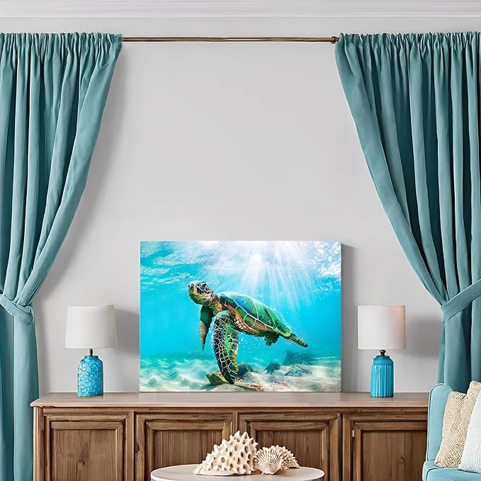 JAPO ART Green Sea Turtle Wall Art Submarine Picture Blue Ocean Animal Painting Coastal Wall Decor Framed Ready to Hang for Bathroom Livingroom 24x36Inch