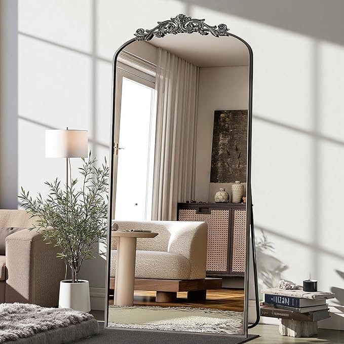 Arched Full Length Mirror, 71"x32" Full Body Mirrors with Carved, Floor Mirror for HomeDecor, Standing/Halling Large Wall Mirror for Bedroom, Living Room, Cloakroom, Black, Retro Style
