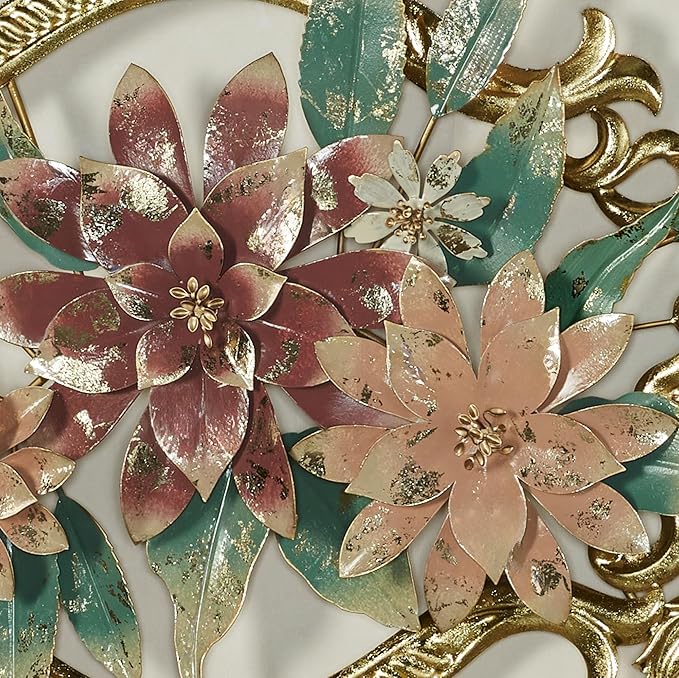 Abylissa Floral Metal Wall Art | Hand-Finished and Hand-Dyed with Pastel-Hued Alcohol Ink | Shimmering Metallic Gold Leaf Detailing | Openwork, Dimensional Flower Wall Sculpture with Regal Scrollwork