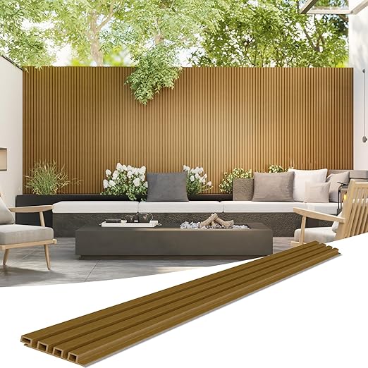 3D Faux Wood Wall Panels for Exterior – Waterproof WPC Decorative Siding Slat Covering, Outdoor UV 7.55 FT (L) x 0.53 FT(H) Resistant Wall Decor, Easy Install Design (Glaze, Pack of 5 Piece)