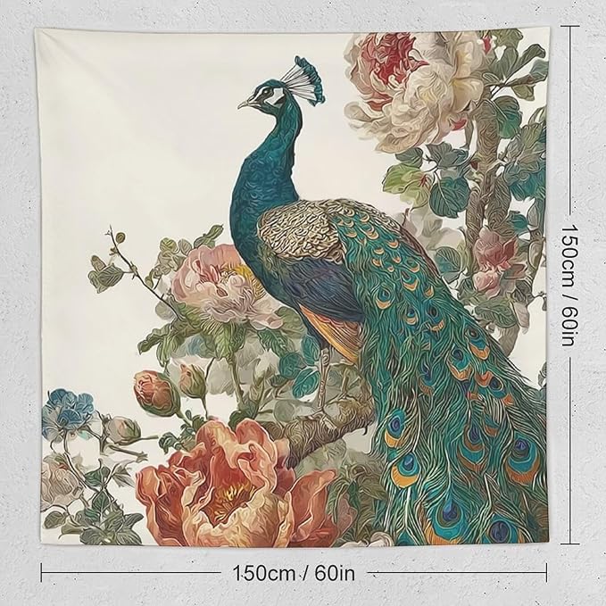 UUKXKUU Peacock Oriental Retro Blooming Flowers Tree Tapestry Flag Backdrop Wall Hanging Large Wall Art Decor for Dorm Office Bedroom Living Room 60"×60"