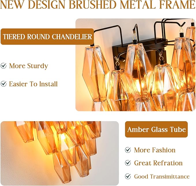 Black Wall Sconce, Modern Black Sconce Wall Lighting, Amber Glass Sconces for Bathroom, Luxury Wall Lights for Living Room, Wall Lamp for Bedroom, Vanity Light for Hallway, Staircase