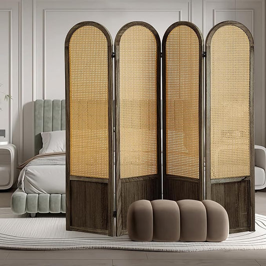 4 Panel Room Dividers and Folding Privacy Screens, Hand-Made Rattan Room Divider with Bi-Directional Hinge, Pre-Assembled Wood Room Divider Wall for Home Office Bedroom, Dark Brown