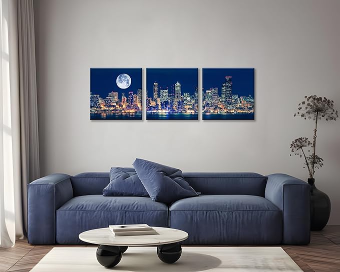 NAN Wind Panoramic Seattle Skyline Night Canvas Art Full Moon Over City Wall Decor 3 Panel Modern Urban Cityscape Print Blue Harbor Illuminated Skyscrapers Living Room Office Bedroom Home Decoration