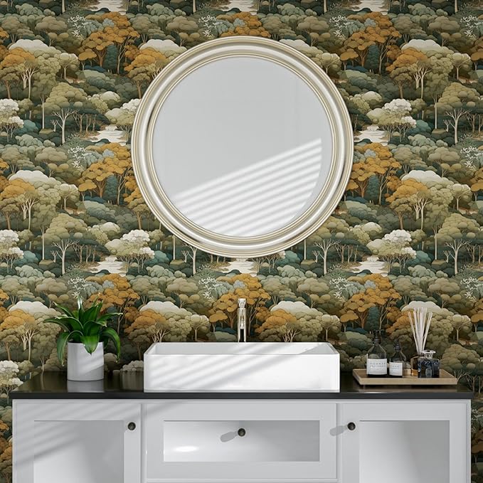 Autumn Forest Wallpaper Peel and Stick Vintage Yellow Trees Woodland Contact Paper 17.4" x 393" Waterproof Self-Adhesive Wall Paper for Bedroom Countertop Desk Cabinets Shelf Decor Renter Friendly