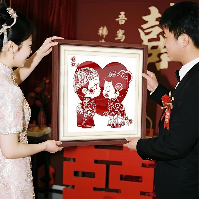 crmotu Chinoiserie Wall Art, Chinese Wedding Paper-Cutting Framed Wall Decor, Romantic Couple Wall Decor, Unique Folk Handmade Gift for Newlyweds Engagement Anniversary 26x26 Inch