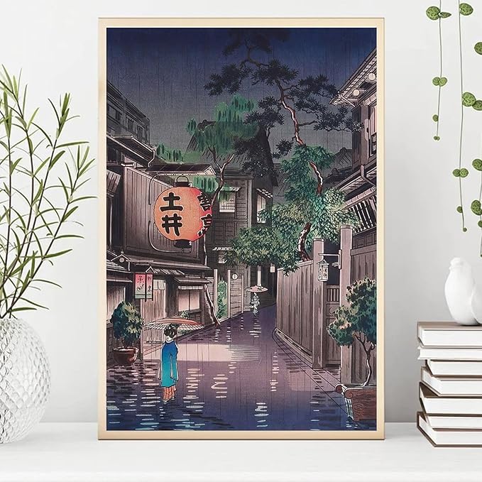 OZCONO Japanese Street Scene Art Print, Vintage Evening Cityscape, UV-Resistant Giclée Wall Decor, Unframed (40L x 27W)